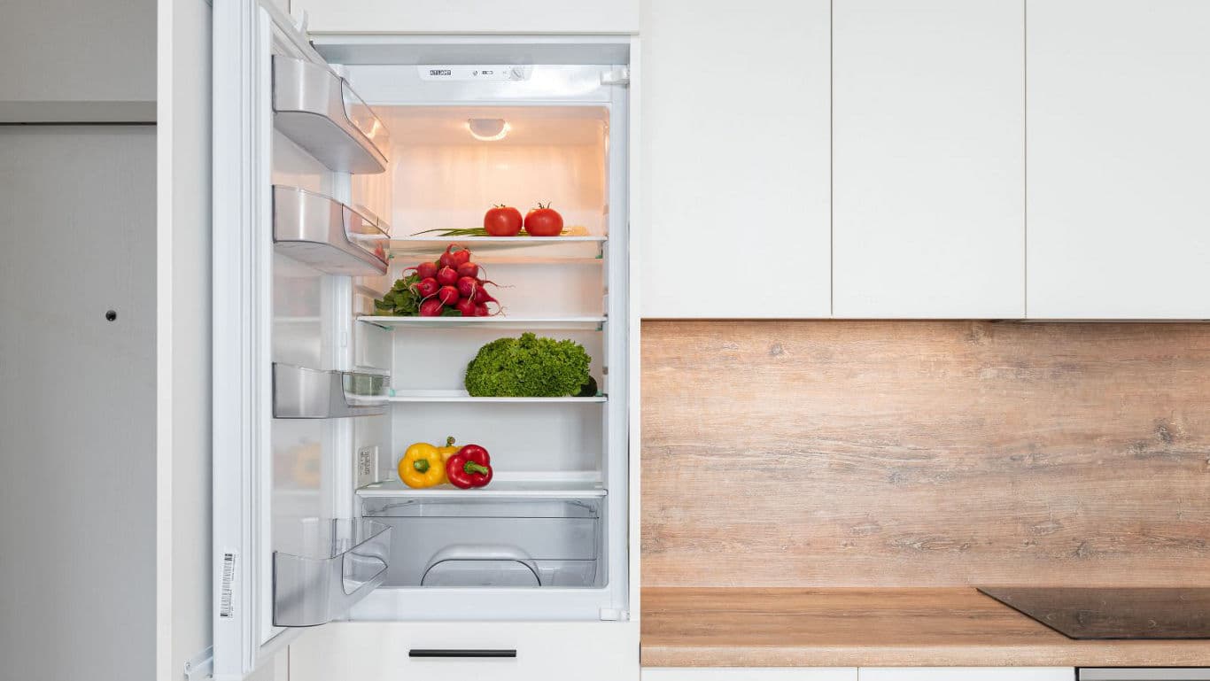 Open modern kitchen fridge with fresh vegetables