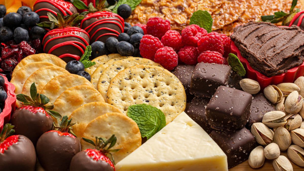 Assembly of crackers, nuts, and chocolate