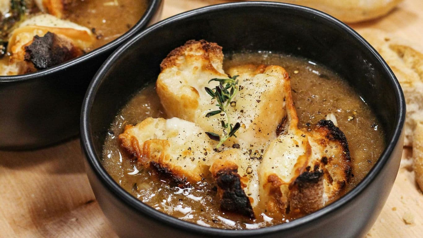 French onion soup with toasted bread and cheese