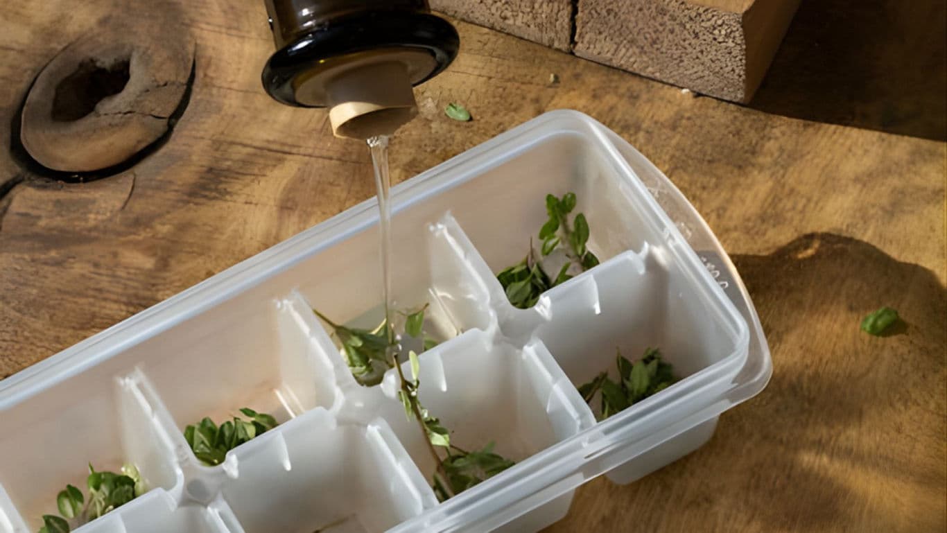 Pouring liquid into ice tray with fresh herbs
