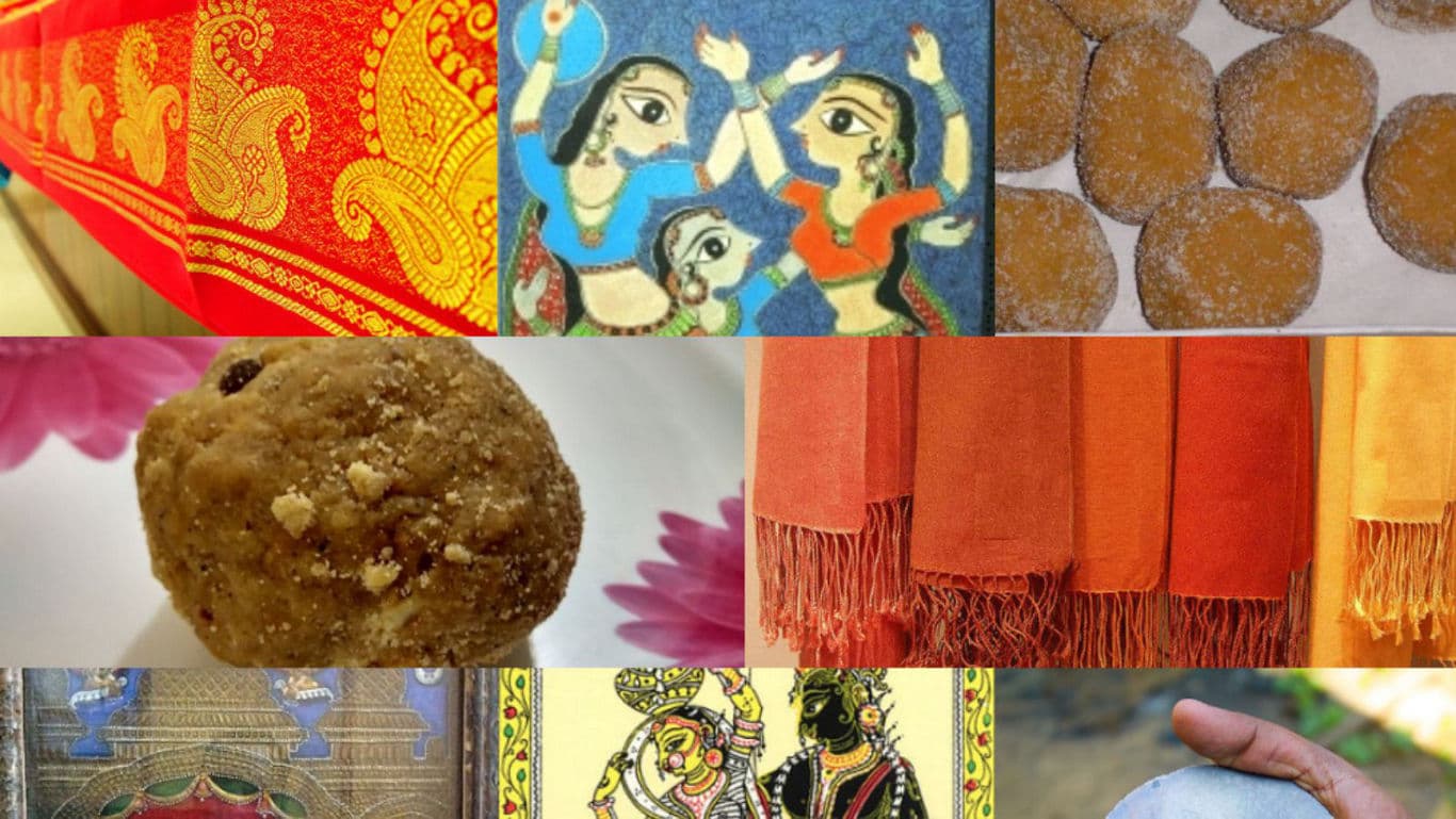 Collage of Indian Textiles, Sweets, and Folk Art