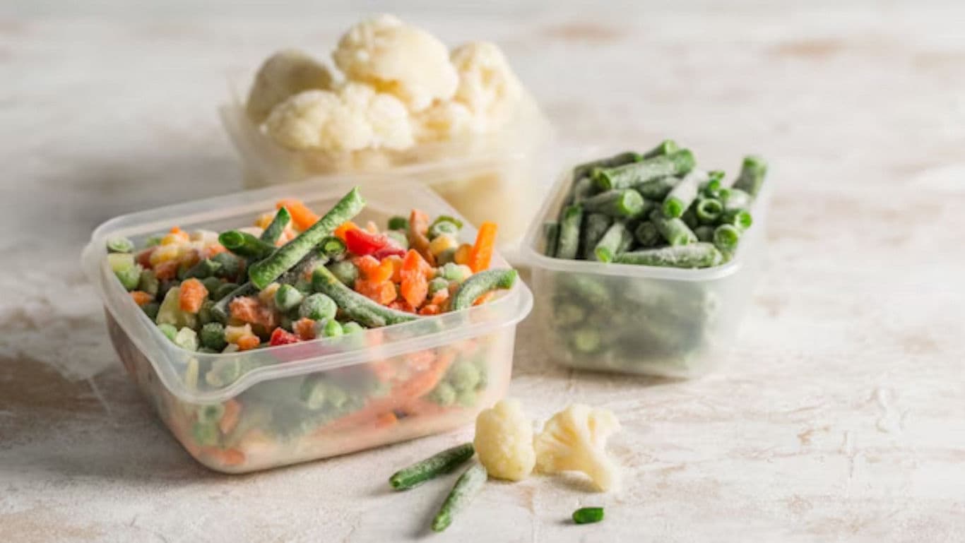 Frozen mixed vegetables in plastic containers