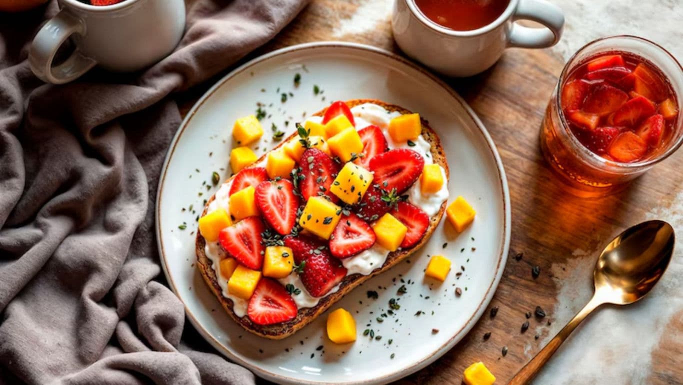 Fruit-topped toast with strawberries and mango