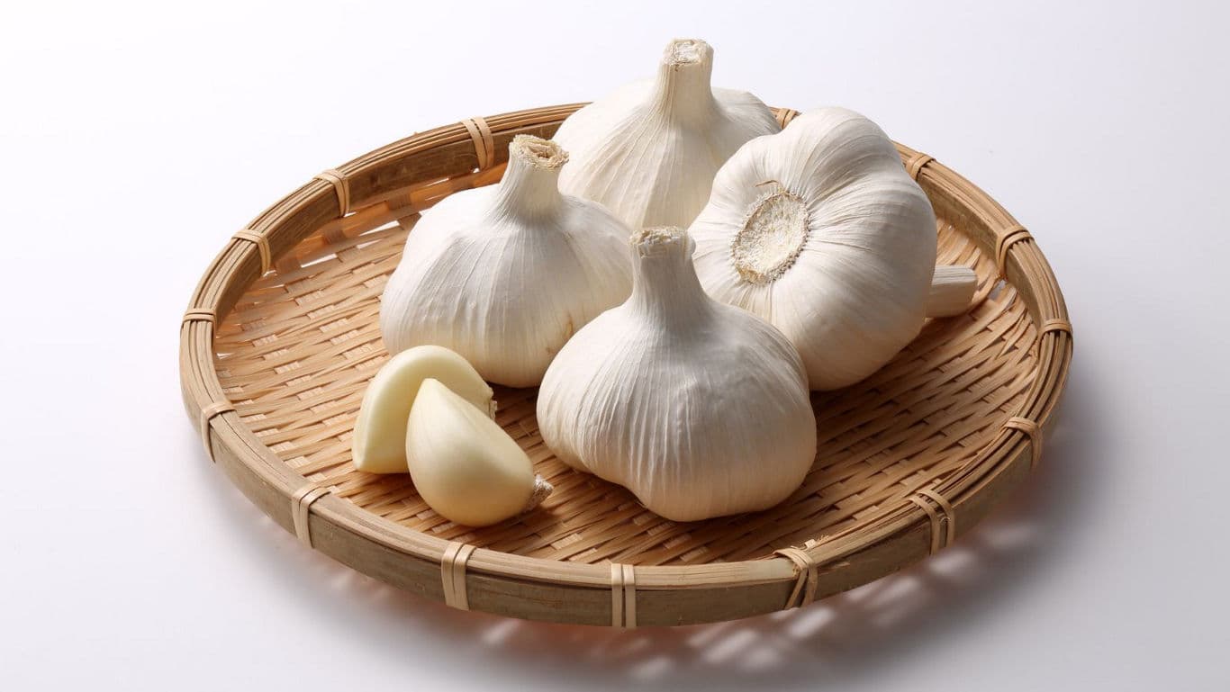 Whole garlic bulbs and cloves on bamboo tray