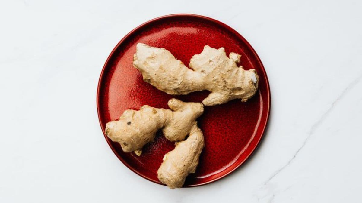 Masala chai recipe: ginger on a red plate