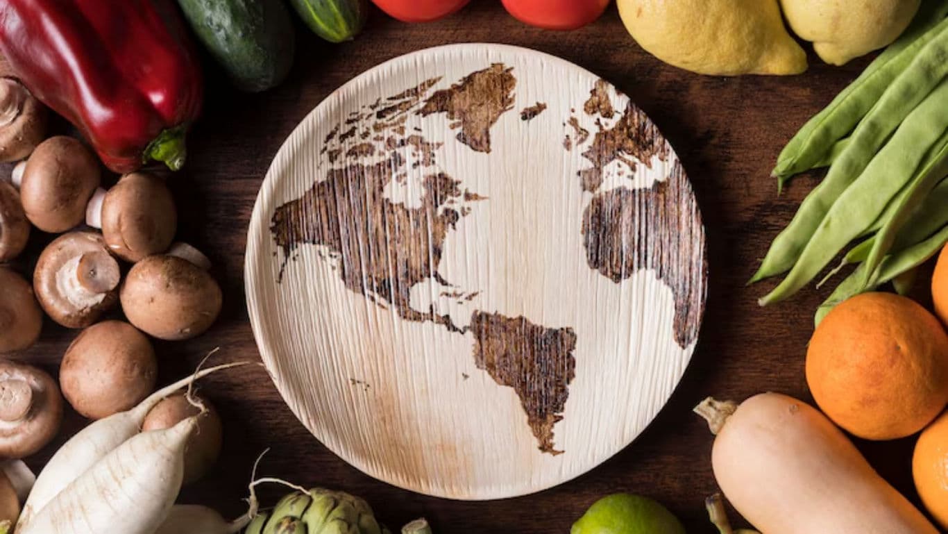 World map plate with fresh vegetables