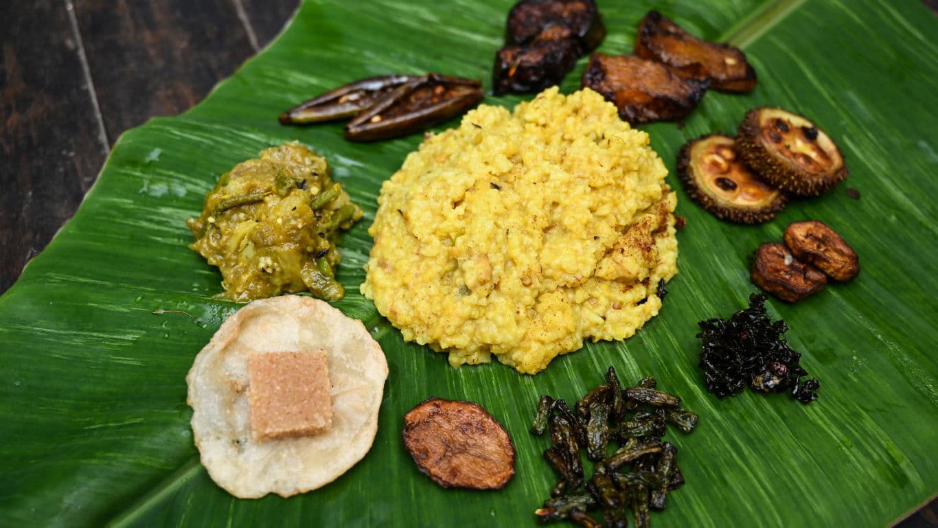Traditional Indian meal served on banana leaf