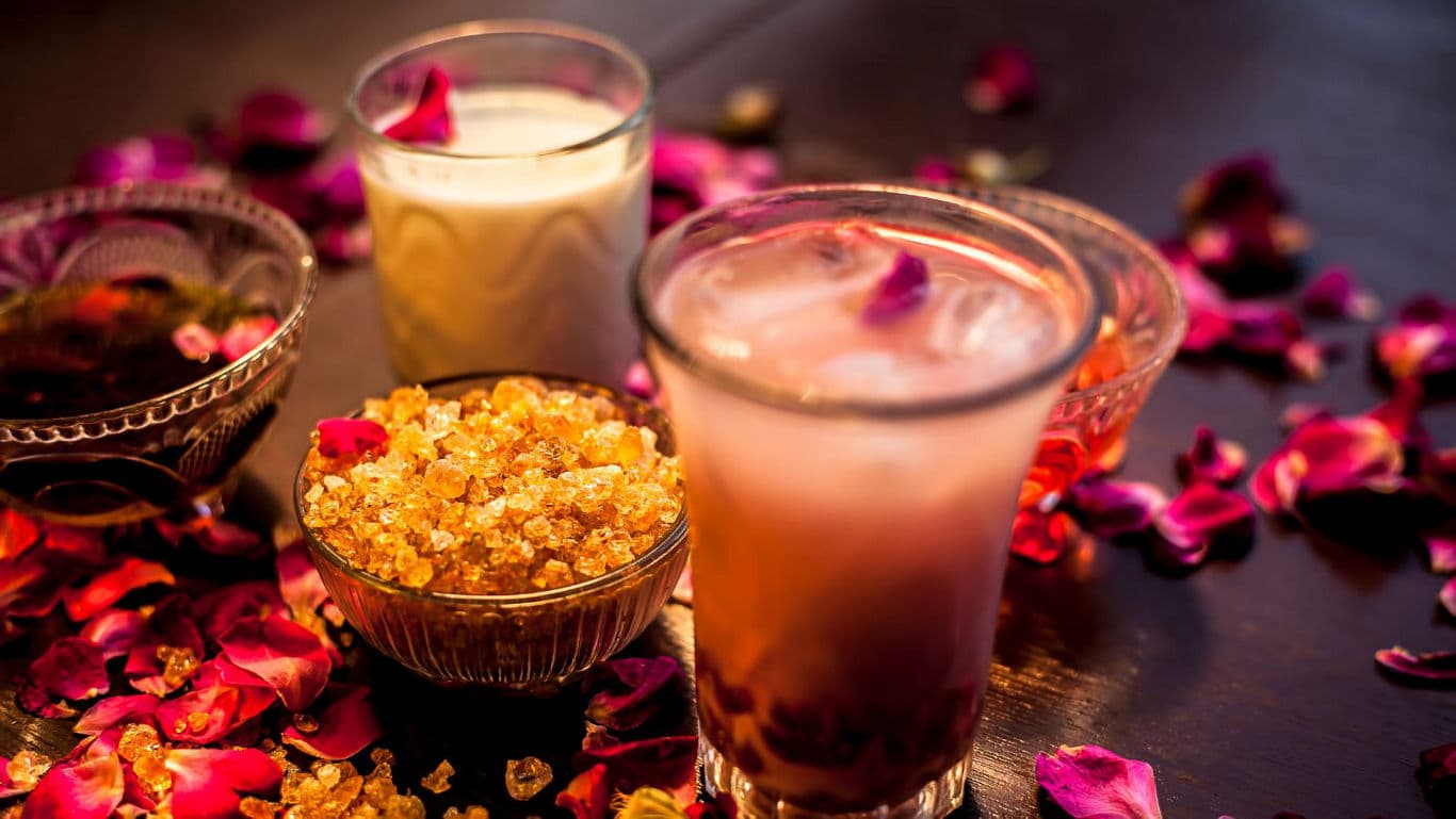 Rose infused drinks with crystal sugar
