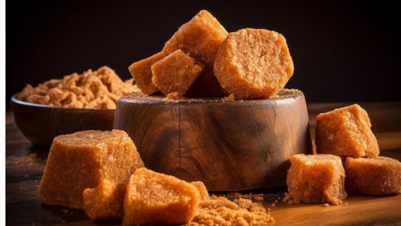 Brown jaggery cubes and powder on wooden surface