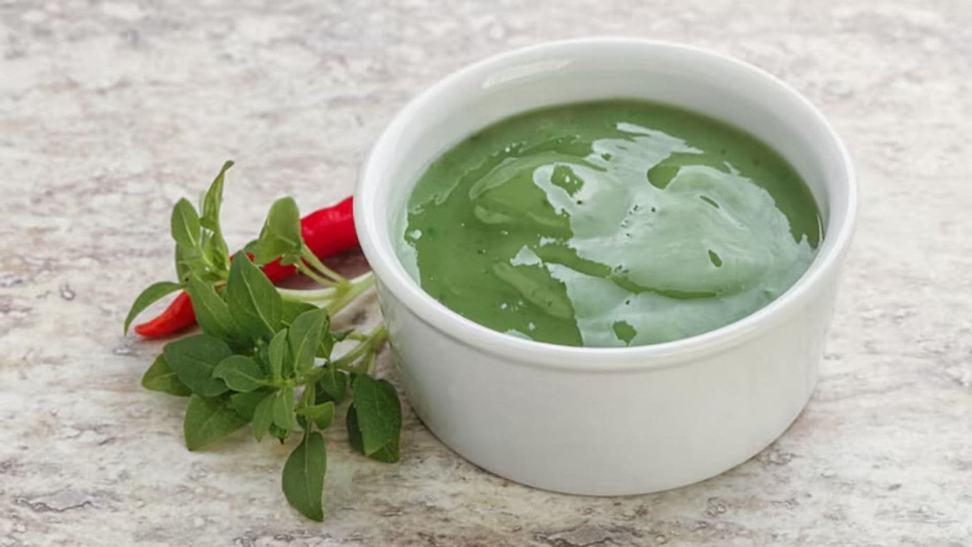 Green Sauce in White Ceramic Bowl