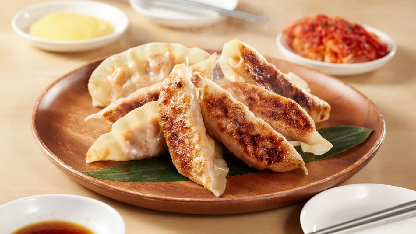 Pan-fried dumplings served on wooden plate with sides
