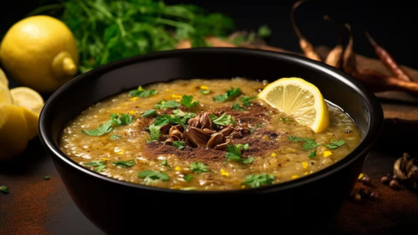 Hearty Lentil Soup Garnished with Lemon and Herbs