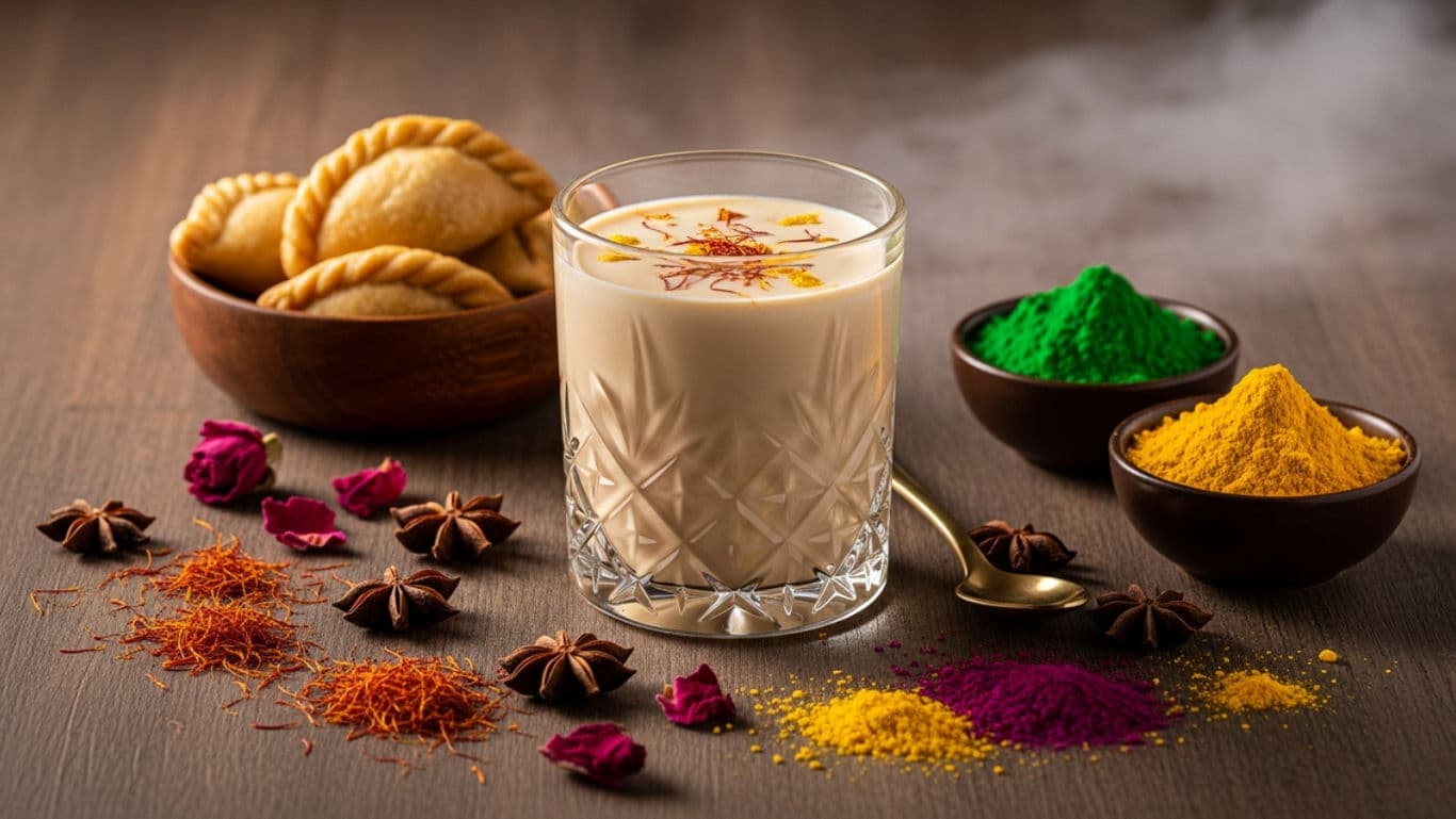 Beautifully plated Colourful Fruit Thandai for Holi snacks 