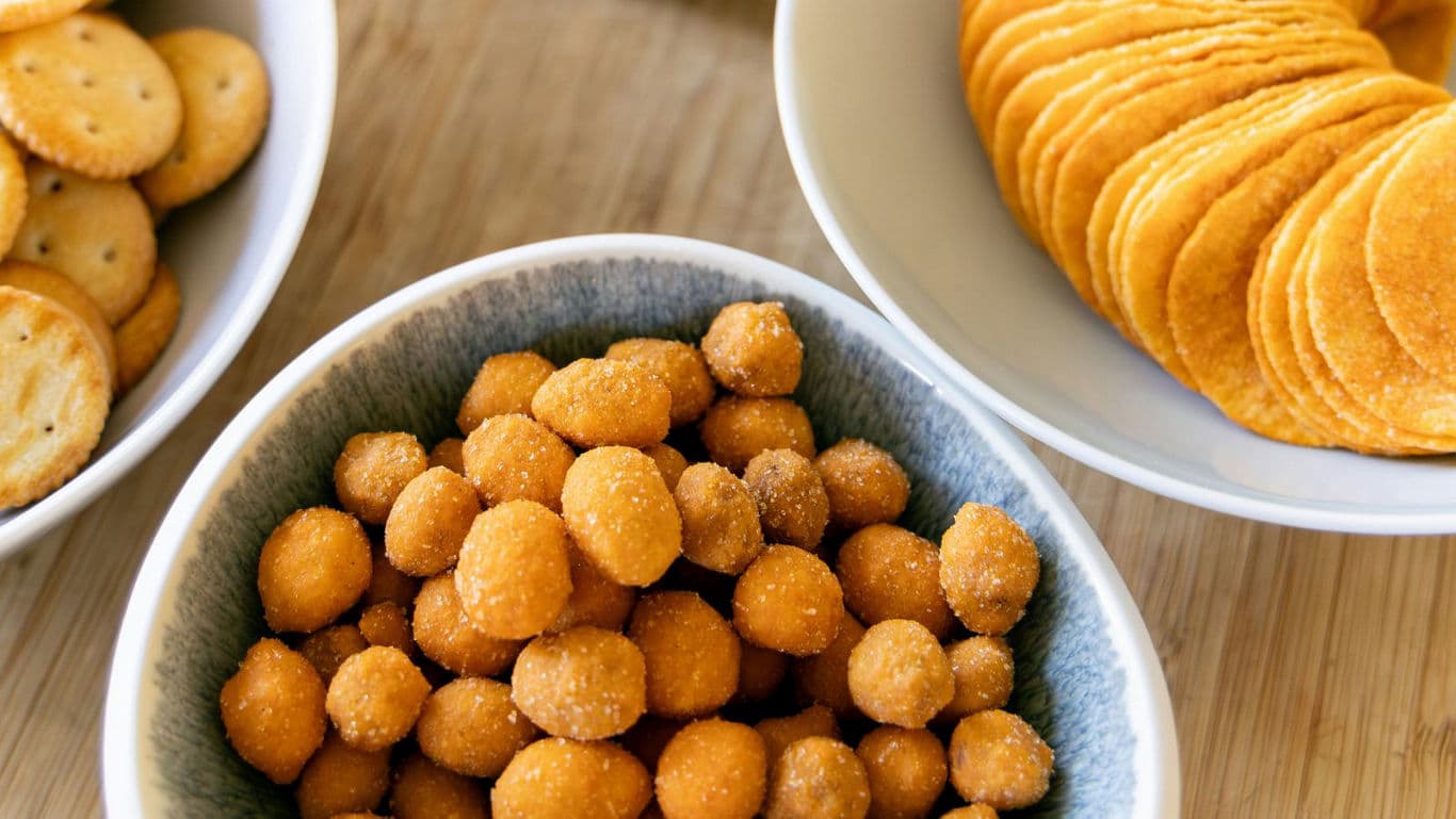 Assorted Savory Crackers and Snacks in Bowls