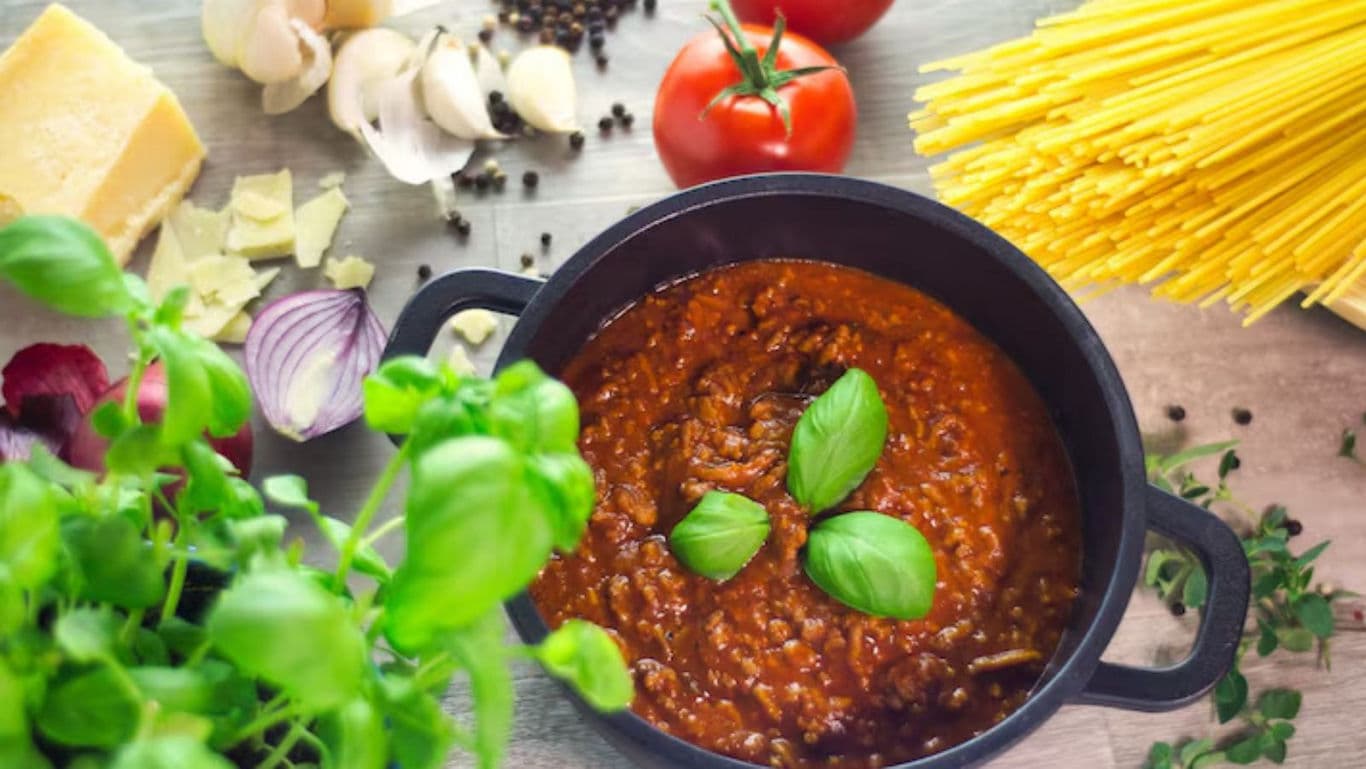 Fresh Tomato Pasta Sauce with Ingredients Overhead