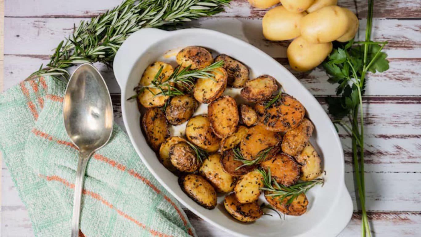 Herb Roasted Potatoes in White Ceramic Dish