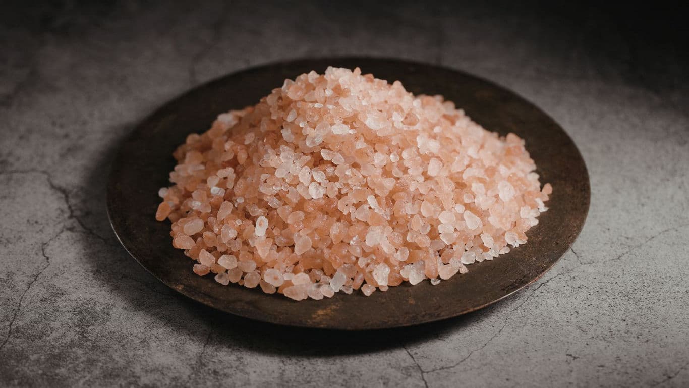 Pile of pink Himalayan salt on dark plate