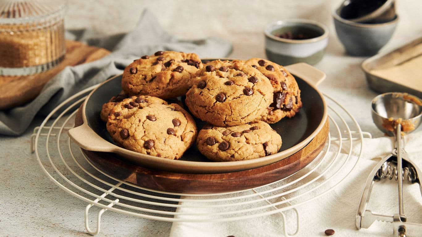 Fresh chocolate chip cookies on ceramic plate