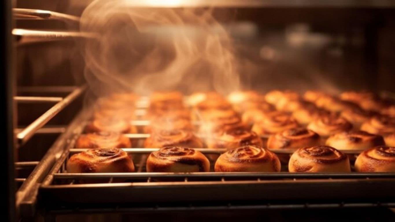 Fresh Cinnamon Rolls Baking in Hot Oven