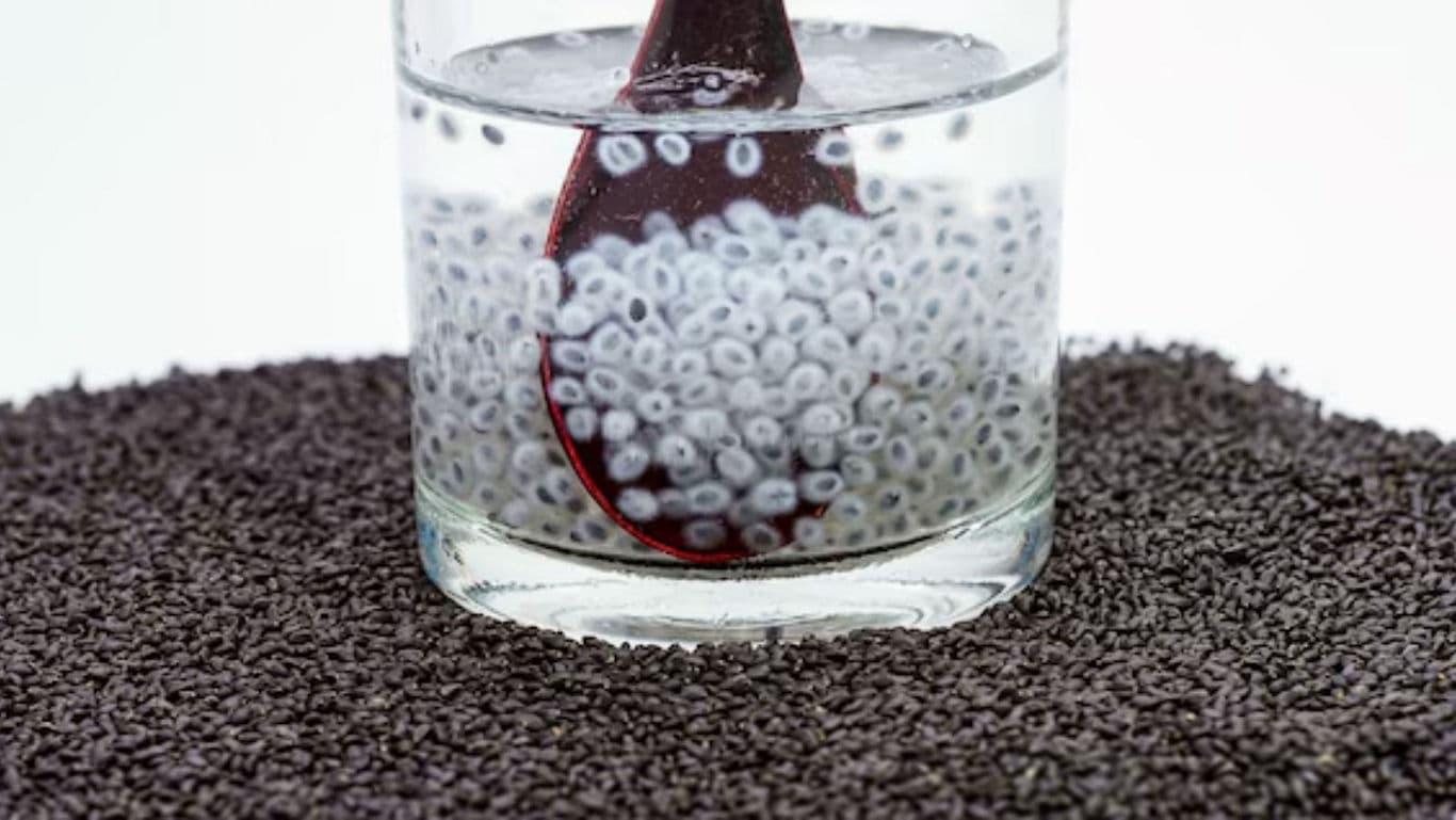 Glass of soaked basil seeds in water