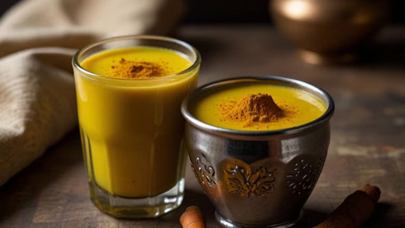 Traditional Turmeric Milk in Glass and Metal Cup
