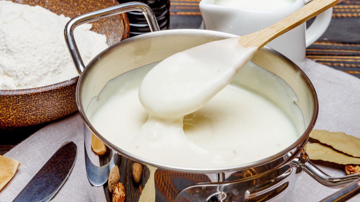 Pot of freshly made bechamel sauce