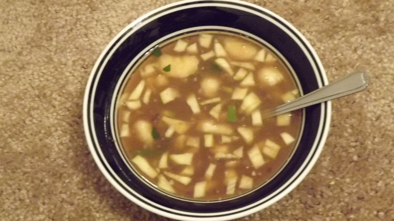 Bowl of Chunky Vegetable Soup on Carpet
