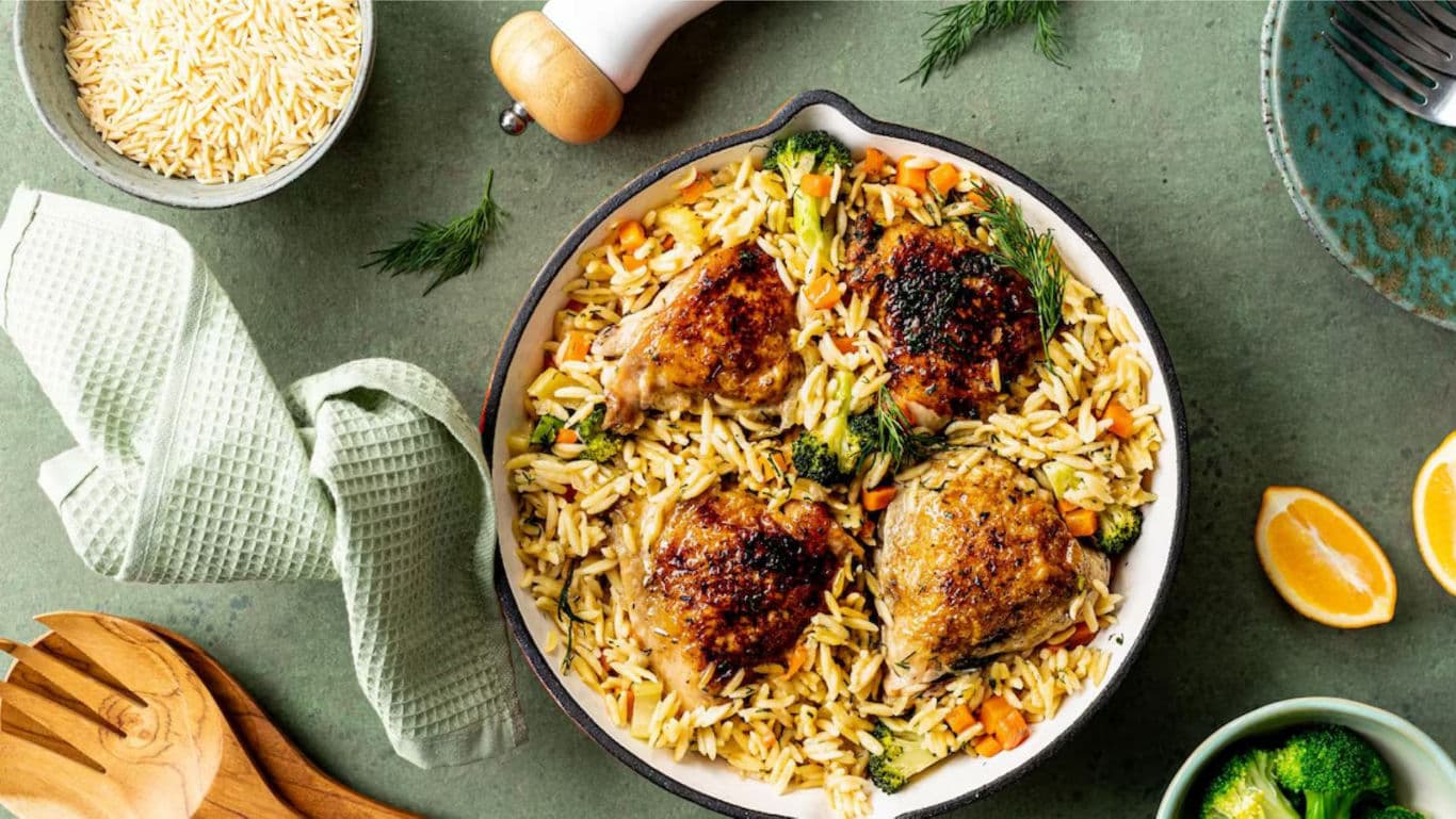 Baked Chicken Thighs with Orzo and Vegetables