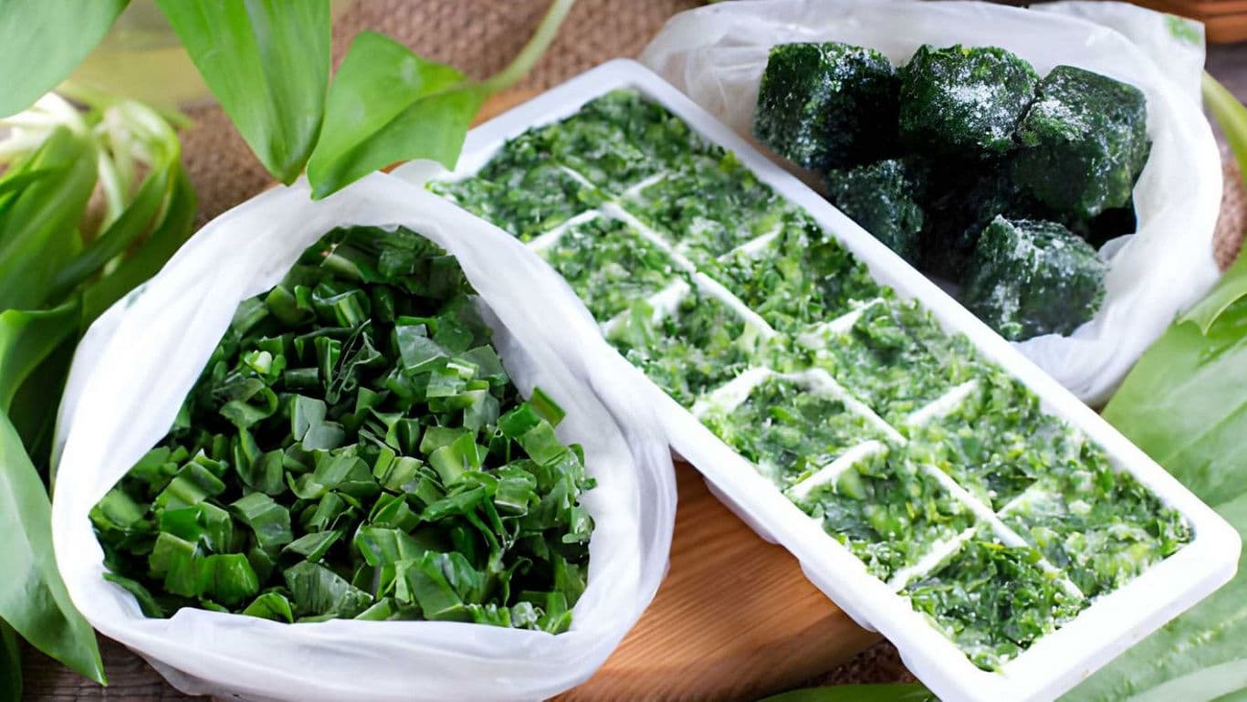 Frozen chopped greens in bags and ice cube tray
