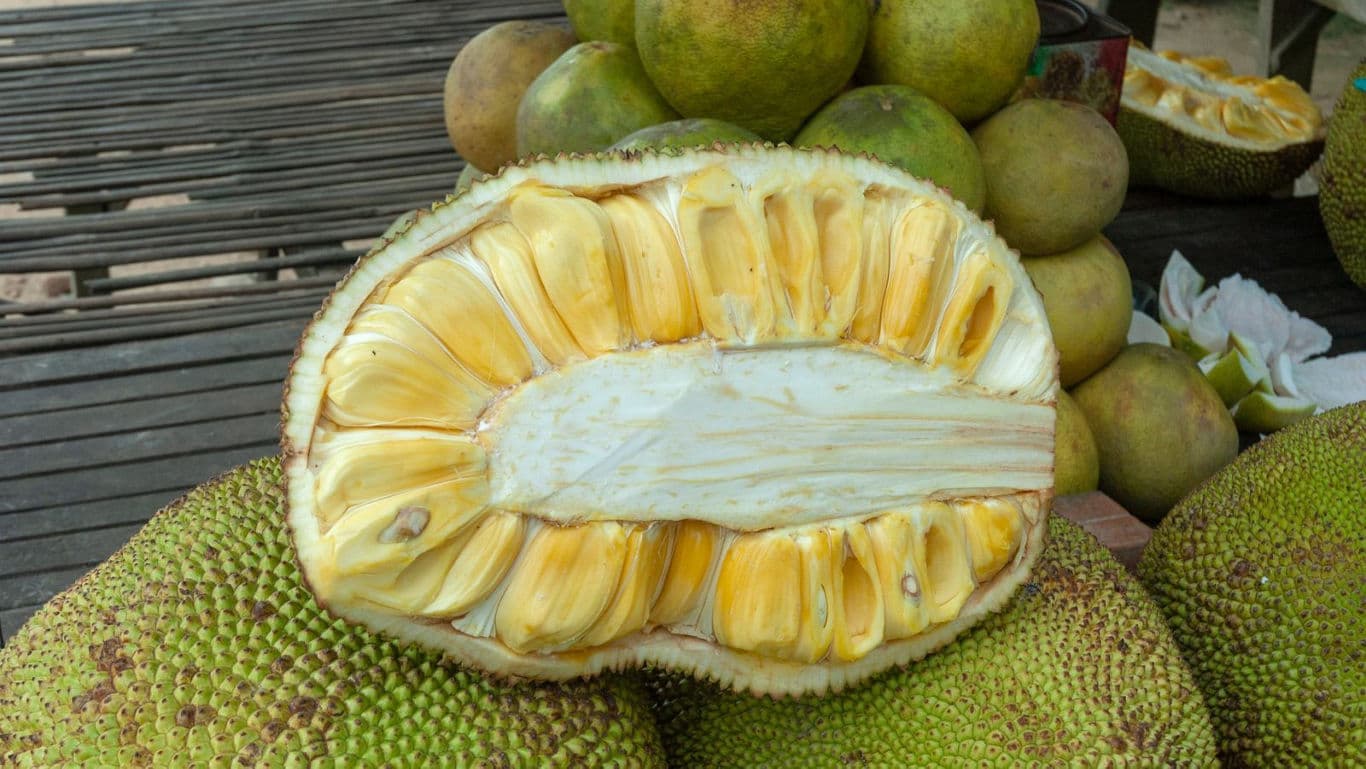 Freshly Cut Jackfruit Displayed at Outdoor Market