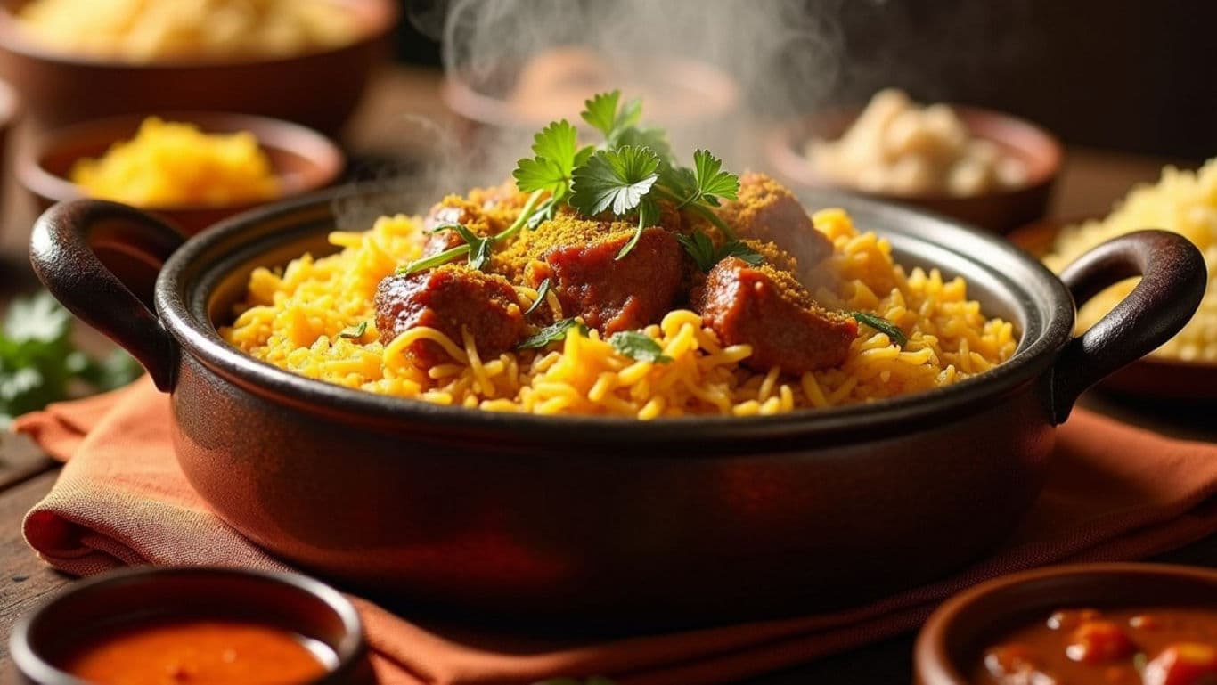 Steaming Chicken and Rice Dish in Rustic Bowl