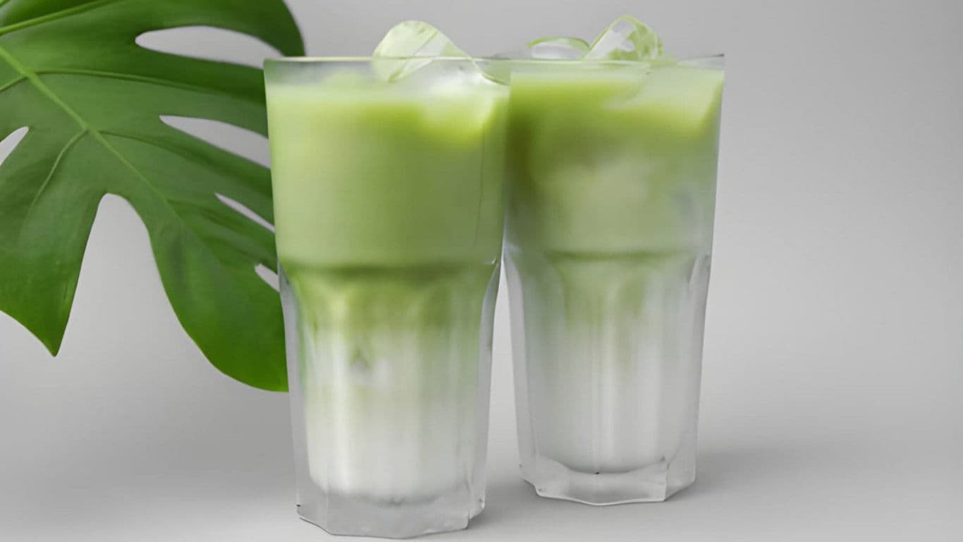 Iced Matcha Latte Drinks with Leaf Background