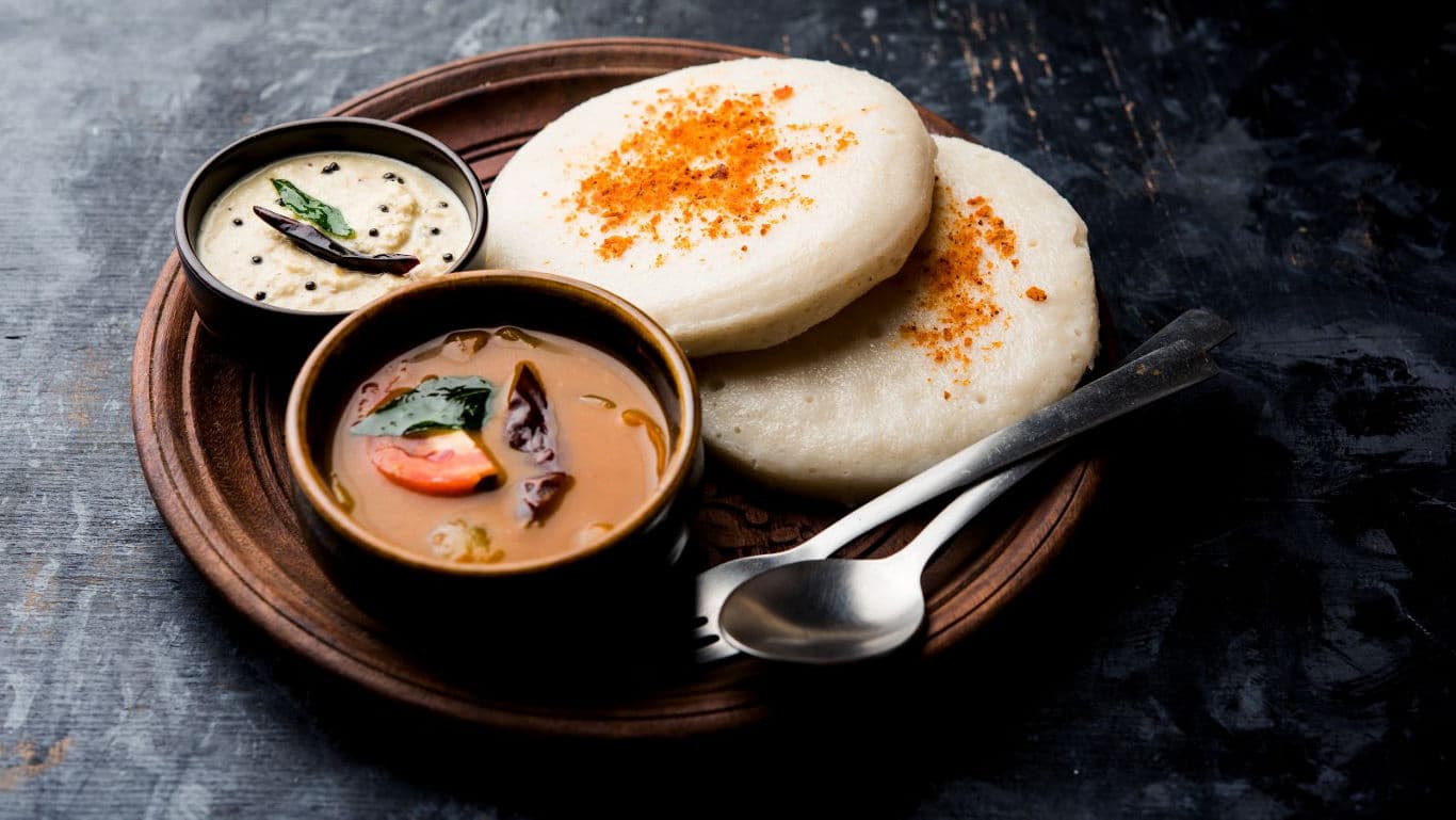 South Indian Idli with Sambar and Coconut Chutney