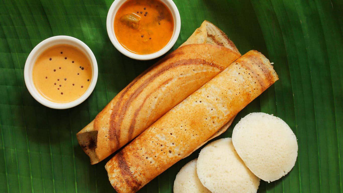South Indian breakfast with dosa and idli