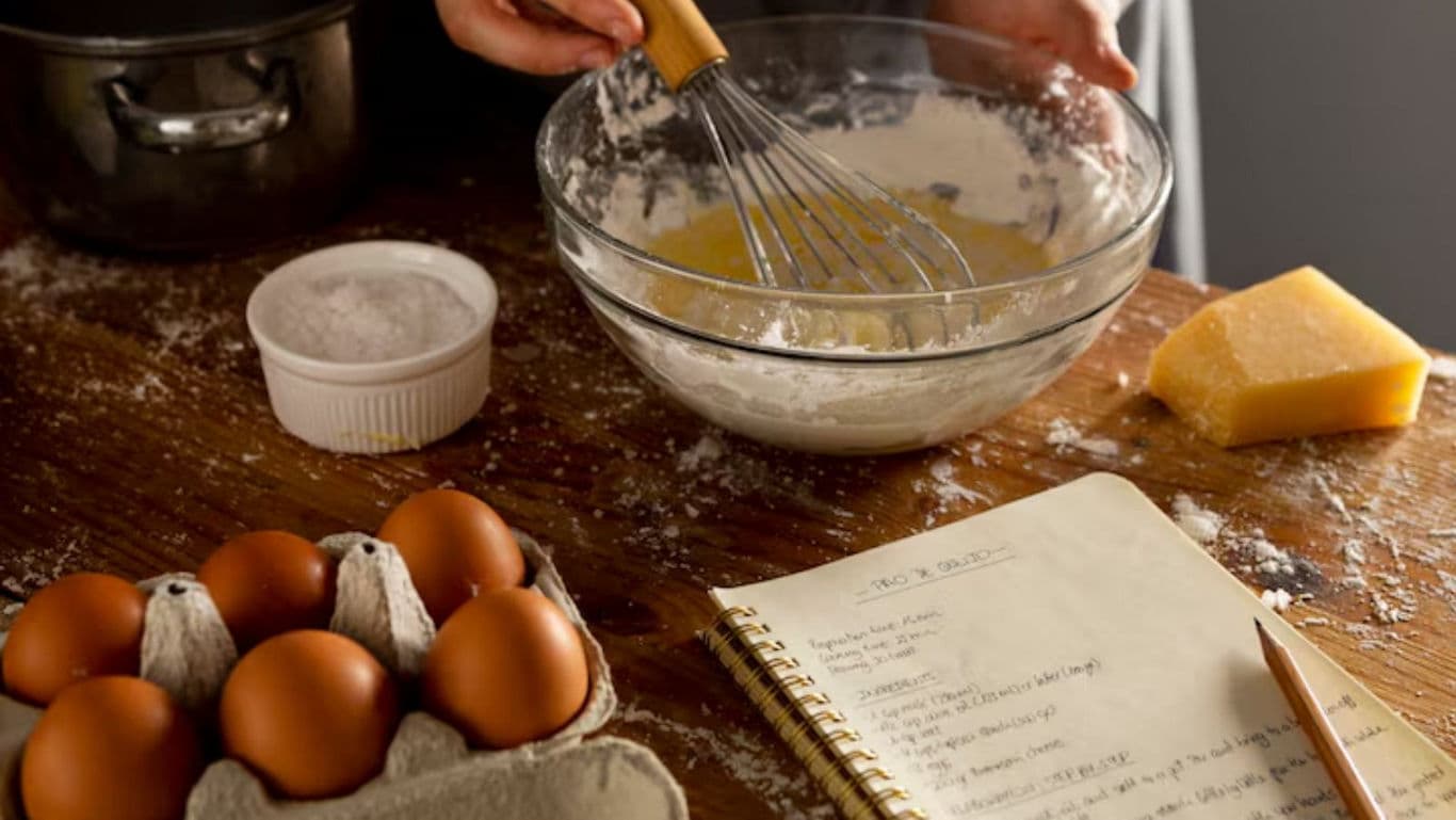 Home baker whisking ingredients beside recipe notebook