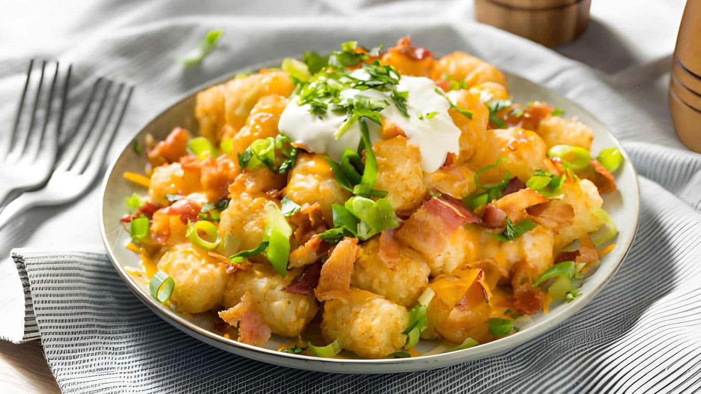 Loaded tater tots with bacon, cheese, and sour cream