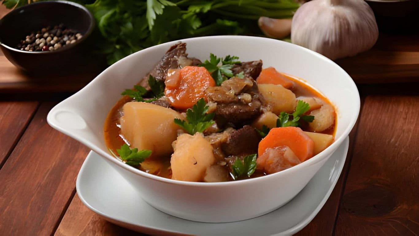 Hearty beef stew with potatoes and carrots served