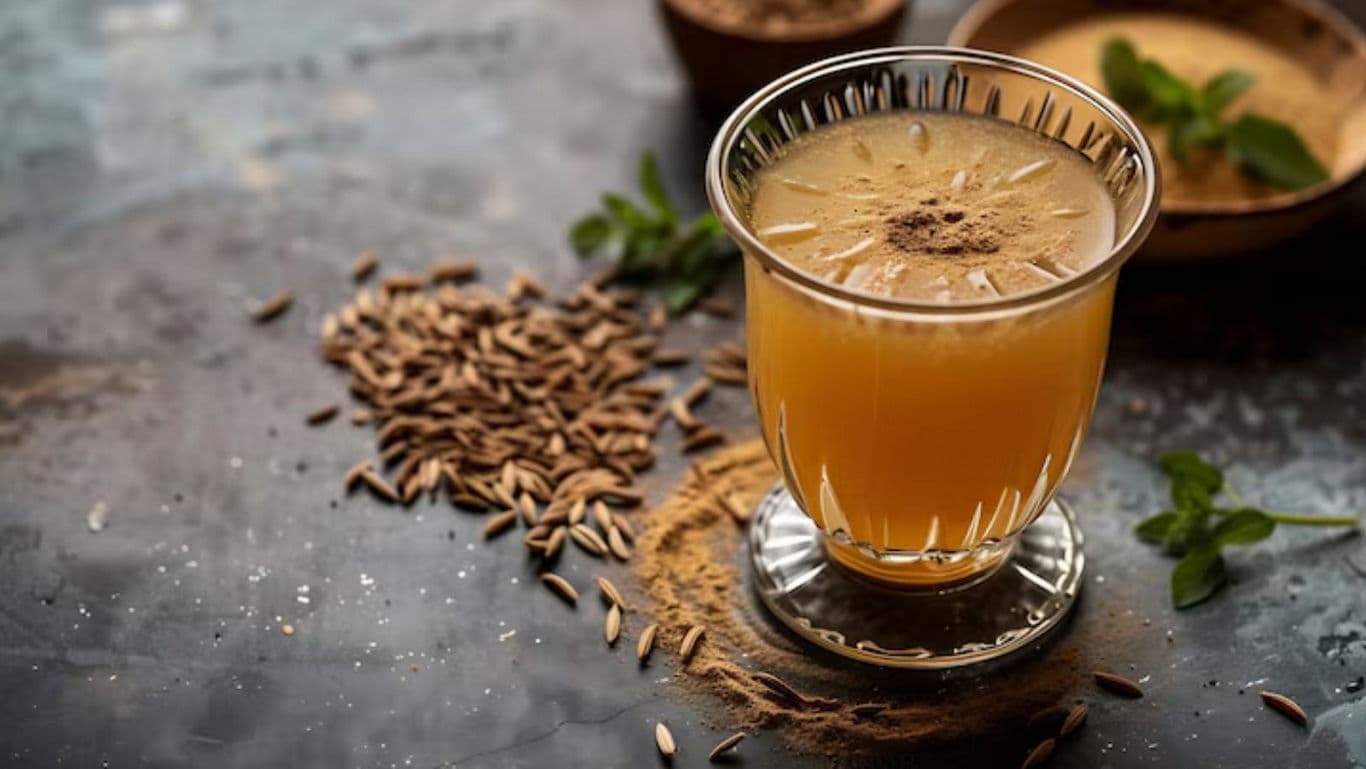 Traditional cumin drink in clear glass with spices