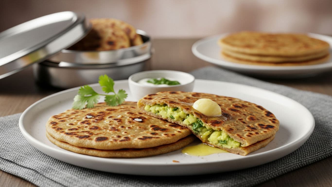 Vibrant indian tiffin box with jowar aloo parathas, bajra methi theplas and more.