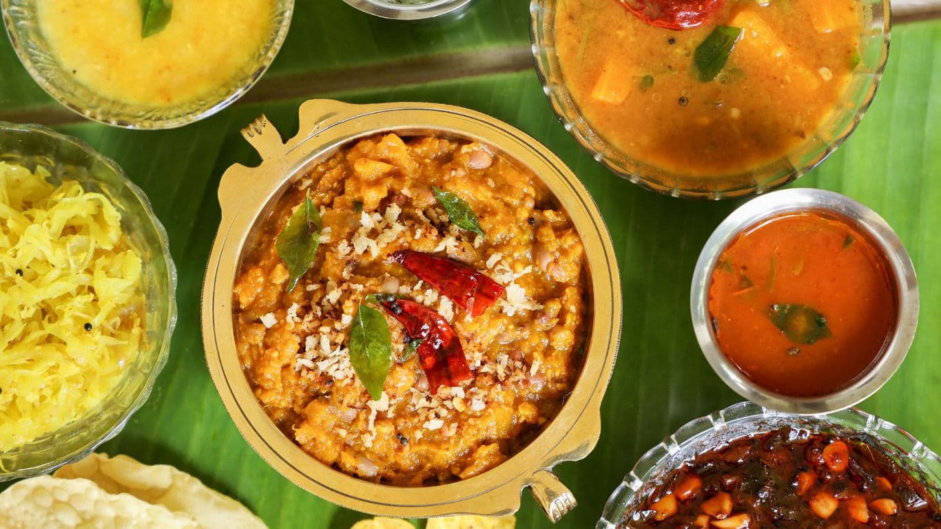 Traditional South Indian vegetarian meal on banana leaf
