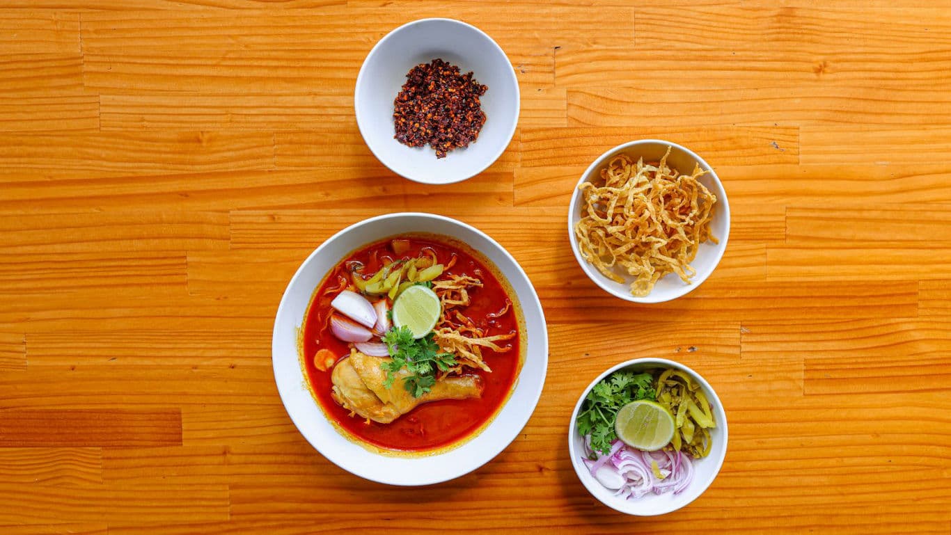 Traditional Thai noodle soup with assorted toppings