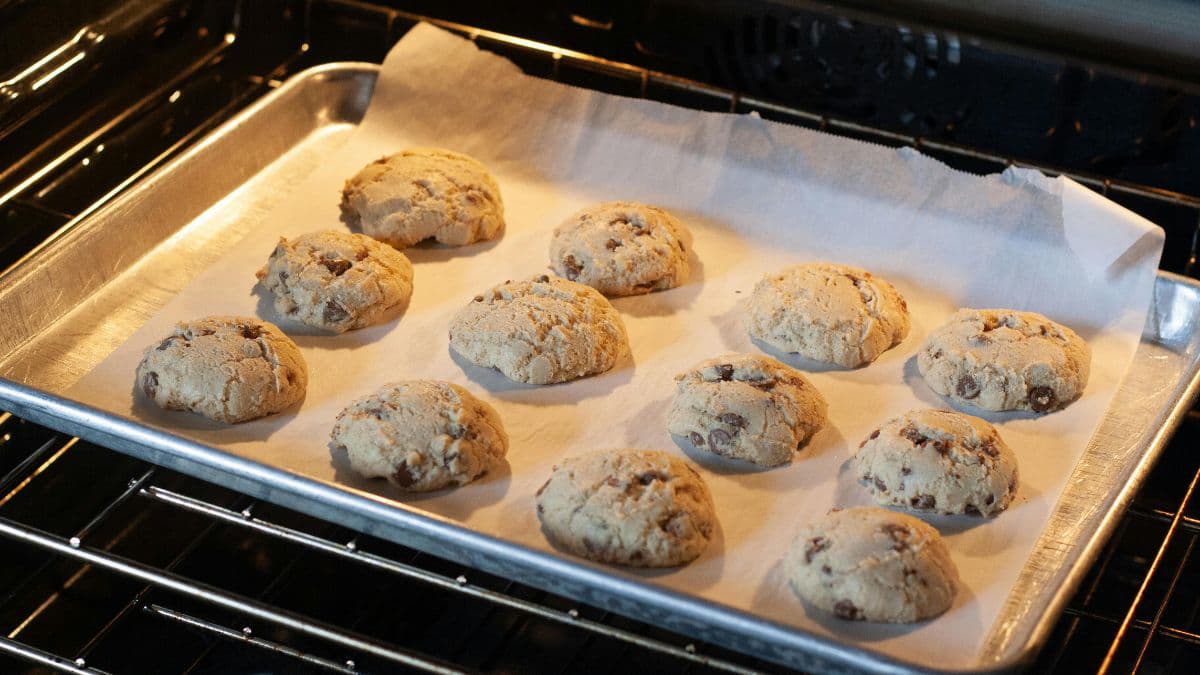 line of cookies being baked