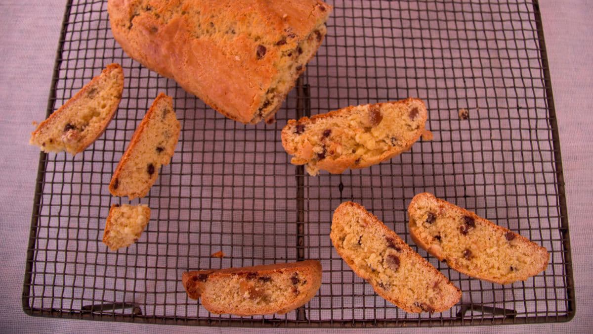 Biscotti loaf cooling on a wire rack