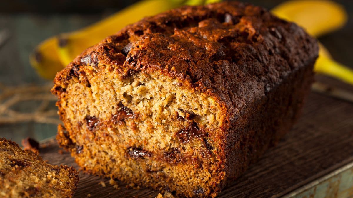 khapli wheat banana bread on brown table