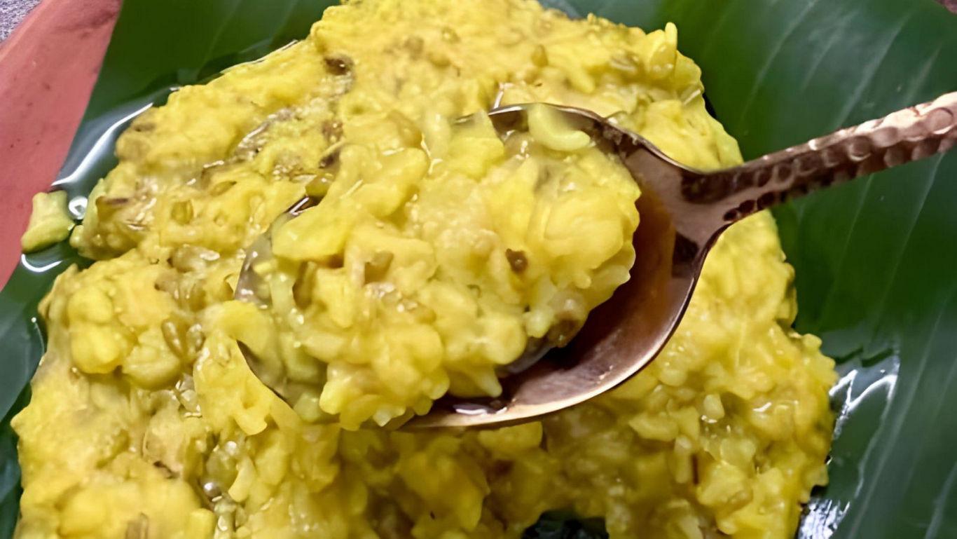 Traditional Lentil Rice Dish on Banana Leaf