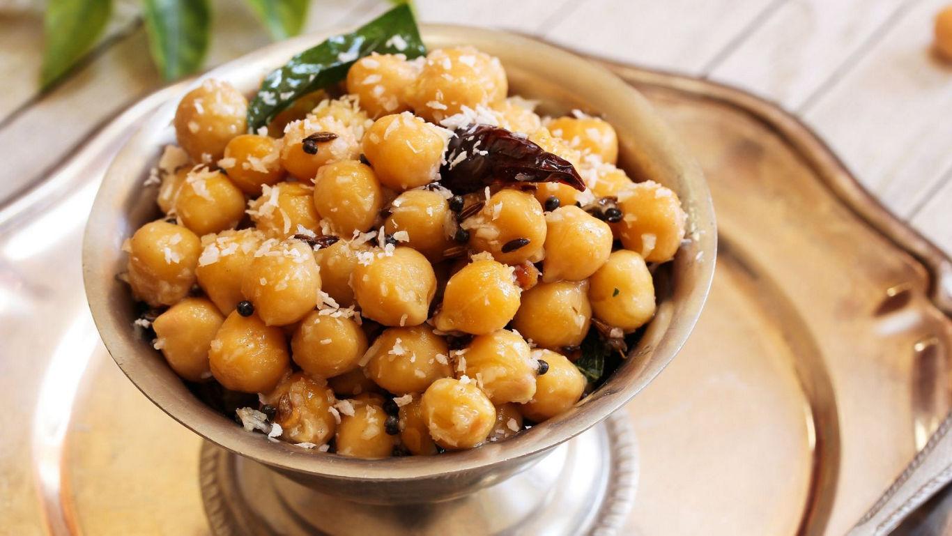 Spiced chickpeas in silver bowl