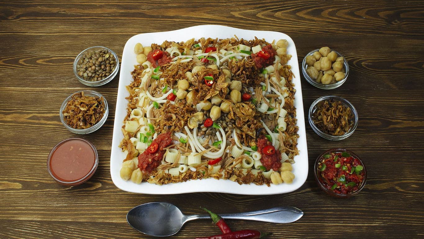 Traditional Egyptian Koshari Dish with Sides