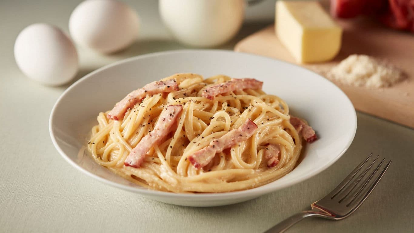 Creamy spaghetti carbonara with bacon strips