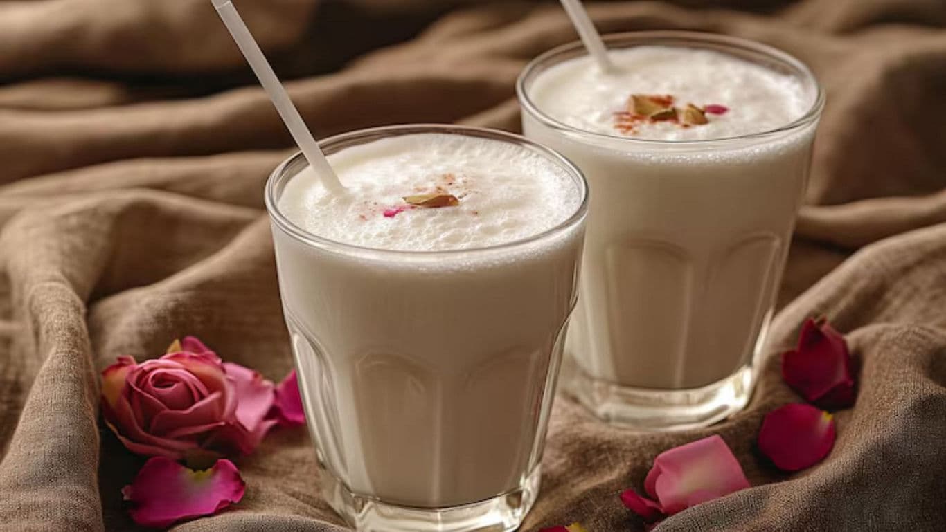 Two rose lassi drinks in glass tumblers