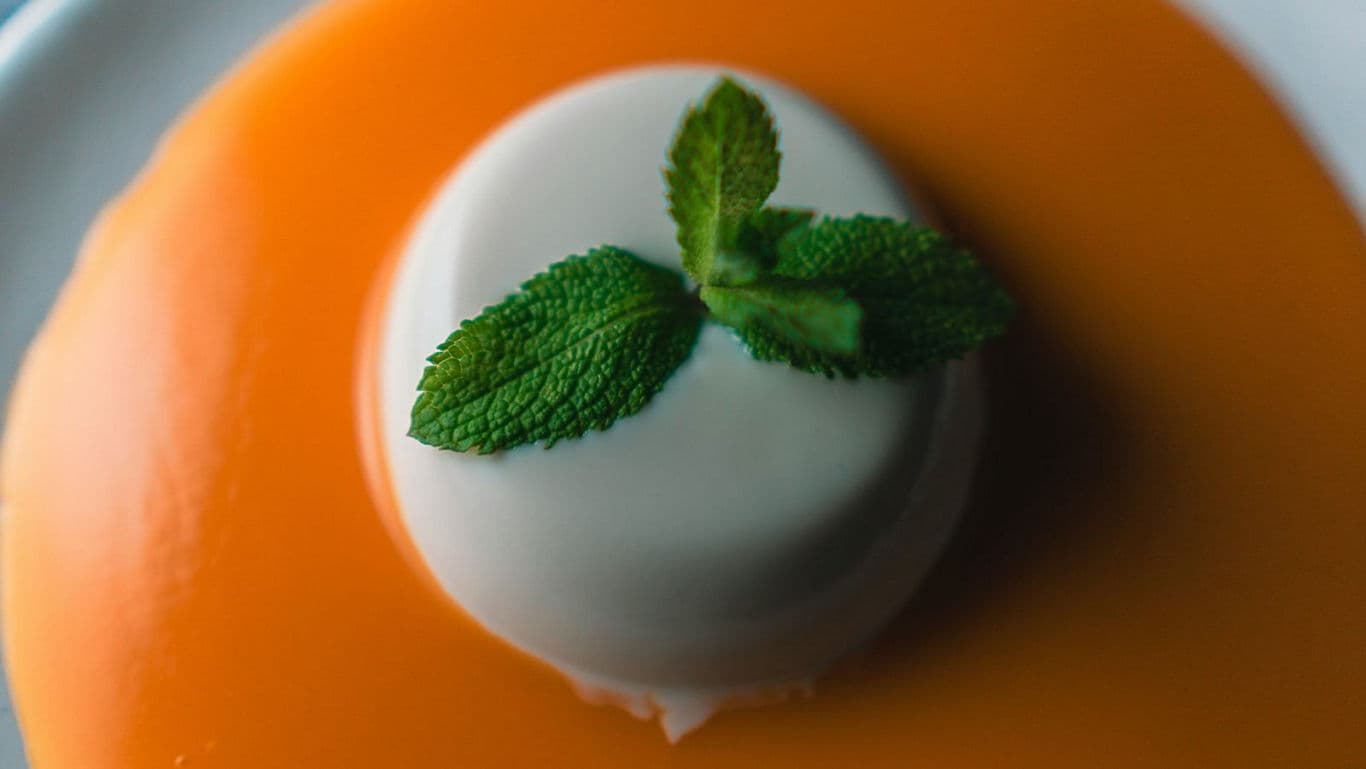 Creamy panna cotta dessert with mint garnish